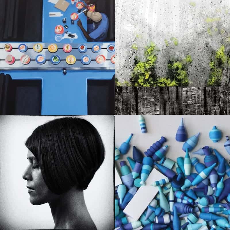 The Art in City Hall Spring 2013 award winners, clockwise from top left: Wasabi by Susan Gartner, Waterscape Series I by Soomin Ham, Gathering I: Descending (Blue) by Yeon Pa Park-Mitchell, and Portrait by Ning Fan.