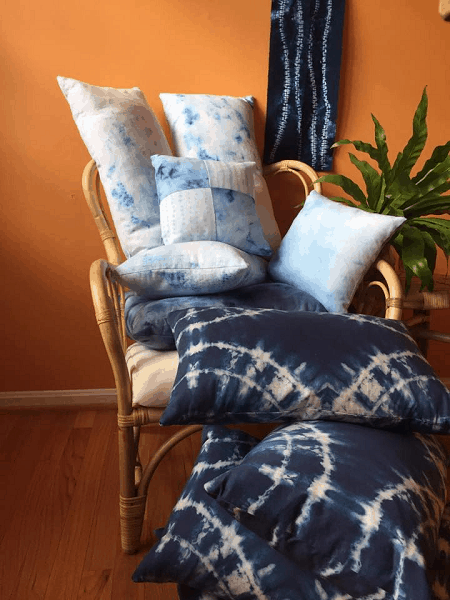 Pillow by Michelle, Shibori dyed, pieced and stitched.