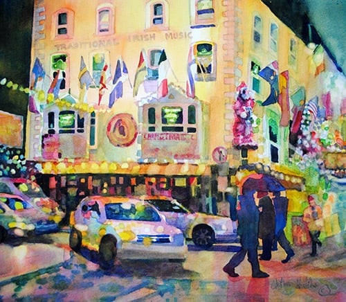 Dublin at Christmas, watercolor, by Catherine Hillis