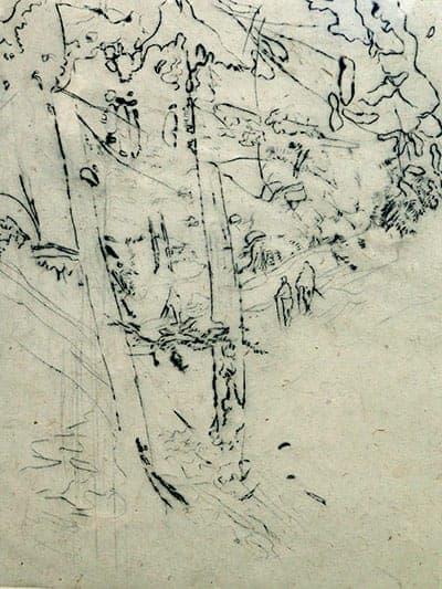 Skiers and Trees, drypoint and chine colle, by Deron DeCesare. From the January 2011 All-Media Exhibit.