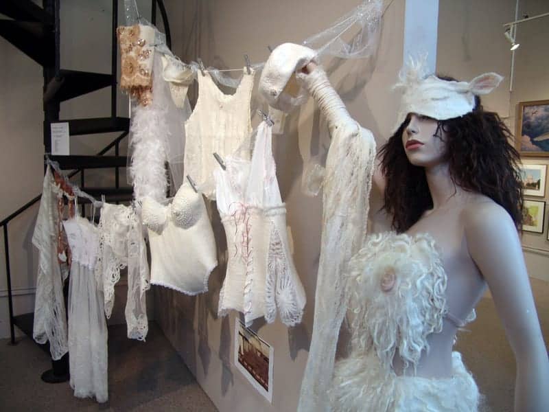 Our fiber arts students put together this exhibit of woolen lingerie.
