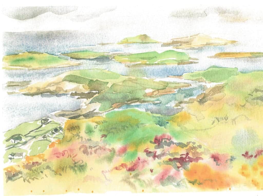 "View from the Sky Road, County Galway, Ireland," watercolor, by Avis Fleming.