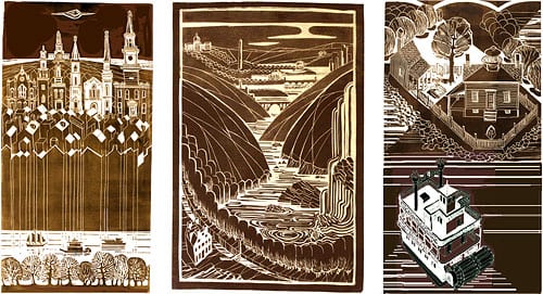 Three linocuts by John Gosling: Old Town Waterfront, Great Falls, and Jones Point.