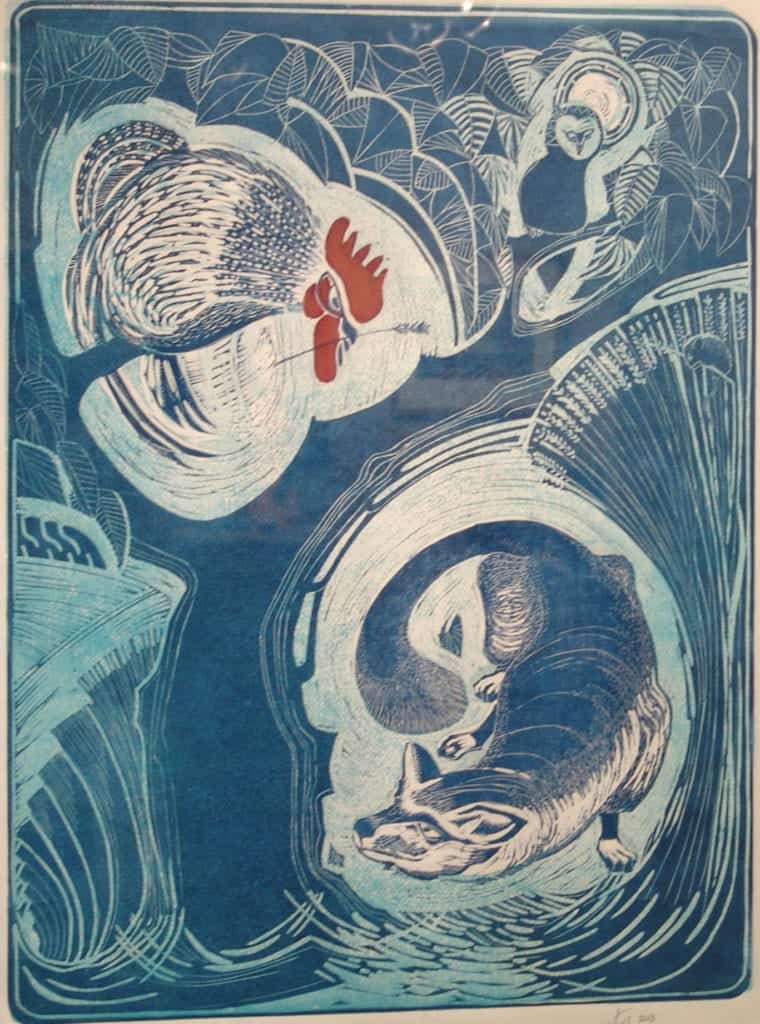 Food Chains , relief print and watercolor by John Gosling.