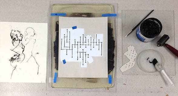 Above, a trace monoprint from life (left) next to an inked and masked gelatin plate. Below, the untitled work in progress.