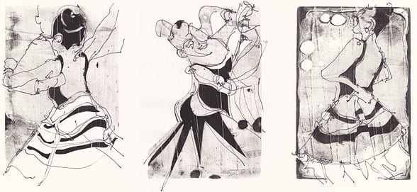 Quick Step Trio, gelatin monoprint over ink drawing. (click for a larger image)