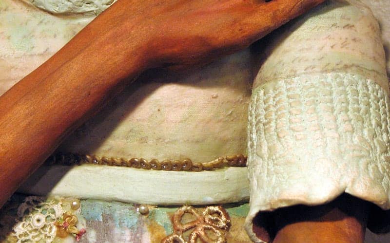 Detail from A Common Thread showing the photo transfers of historic manuscripts.