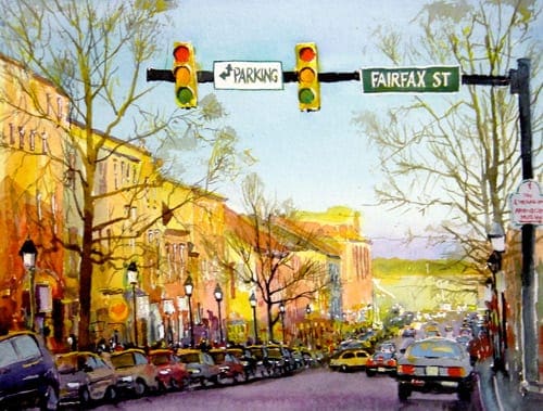 King Street, Winter Evening, watercolor, by Art League instructor Peter Ulrich.