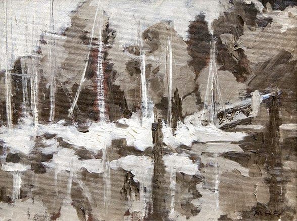 Marina Study, oil, by Michele Reday Cook — from the 2011 Art in City Hall exhibit. (click for a larger image)