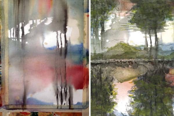 The underpainting side-by-side with the (upside-down) finished painting.