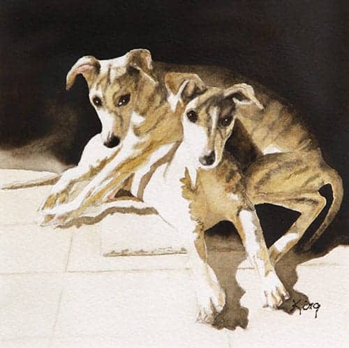 The Puppies by Patricia King. Winner of the Carolyn Zakaski Award for Best Watercolor in the December Open Exhibit.