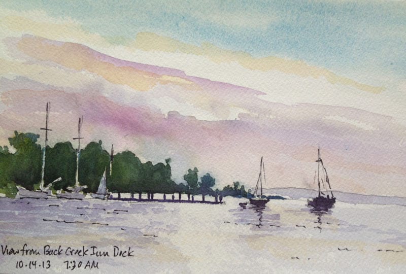 Paintings by Peter Ulrich of the view from the Back Creek Inn's dock in Solomons Island — this morning, above, and last afternoon, below.