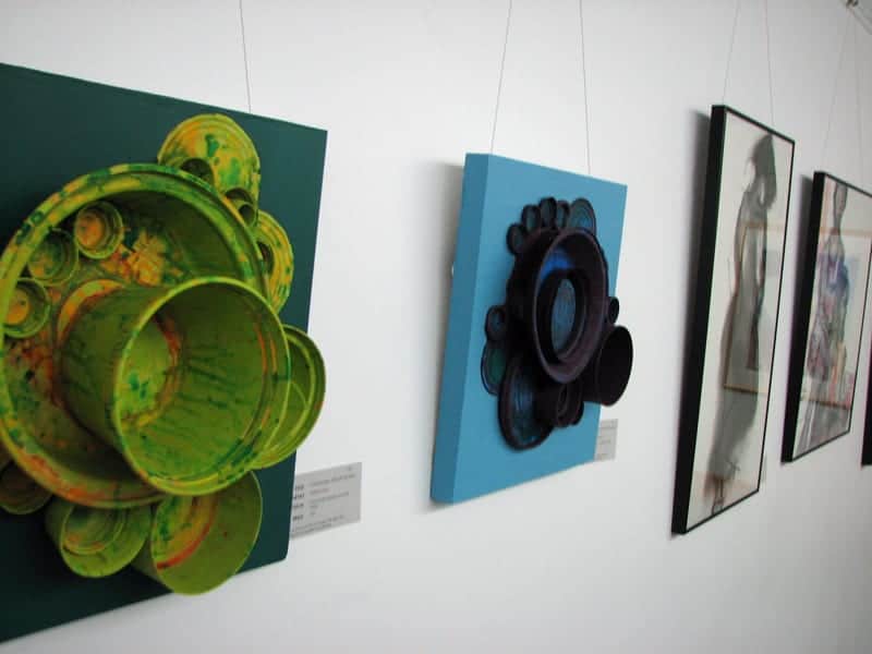 Concentric Circles on Teal and Concentric Circles on Light Blue by Sarah Dale, on view in Art in City Hall.