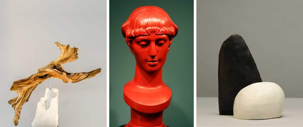 Three honorable mentions selected by the juror: Jump (detail), carved driftwood and marble by Pamela Underhill; Hello! My Name is Jujuna (detail), mixed media by George Tkabladze; and Black and White, terra cotta by Saeed Marefat.