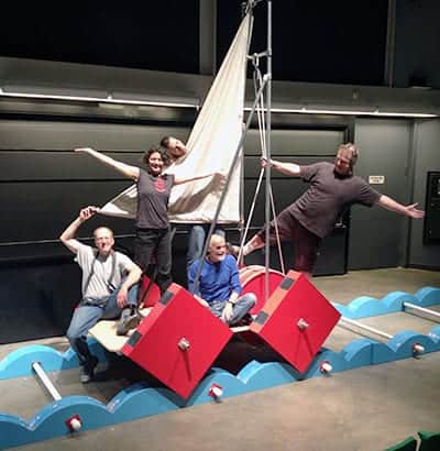 Kim Bernard and collaborators working on Sisyphus, the square-wheeled "boat."