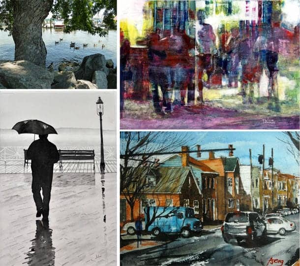 (click for full size) Clockwise from top left: Riverside, photograph, by Nancy Monacelli; Shoppers, acrylic, by Jane Thomas; Houses at Old Town, watercolor, by Alfonso Ong; Walking in the Rain, watercolor, by Dillian Deal. Respectively, they were awarded the Del Ray Artisans Award of Merit, the Alexandria Commission for the Arts Award of Merit, the Torpedo Factory Artists Association Award of Merit, and The Art League Award of Merit. 