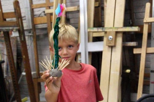 Basic Art Camp is always something different. Here you can see papermaking with natural elements, and one of the mixed media sculptures kids were making across the room.