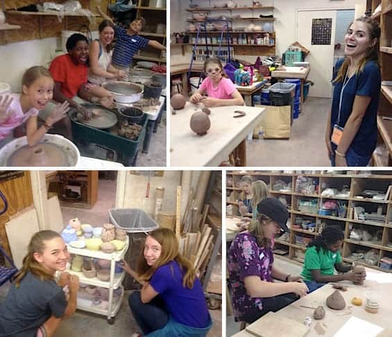 Here's a look at some of the action in the clay studio during Ceramics Camp. Kids throw pottery on the wheel, build it by hand, and fire and glaze it, too.