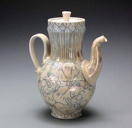 Skull and Flowers Coffee Pot, porcelain, by Mike Stumbras.