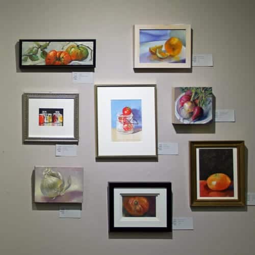 Food art in this month's "Small Works" show. (The cover image for this post is a detail from Kaye Jones' watercolor, Grandmother's Pantry.)