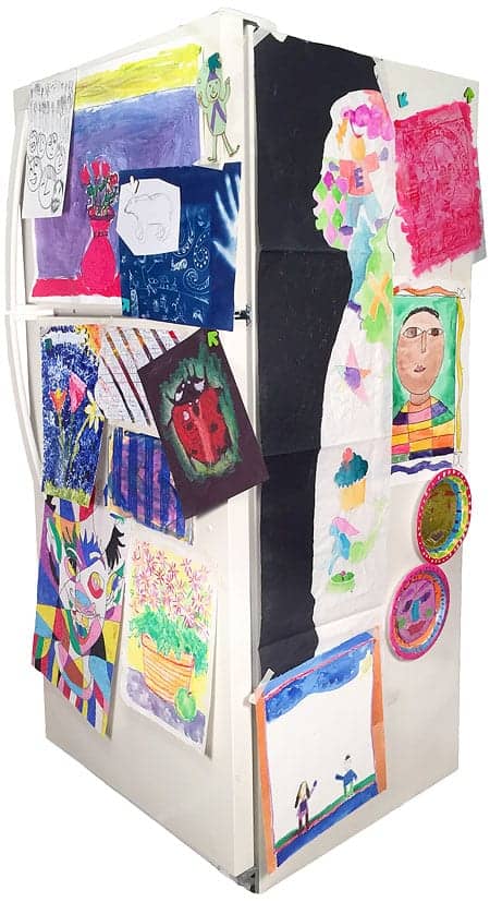 Real student artwork from classes and camps on The Art League's actual fridge.