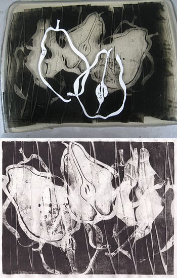 Before and after: top, a gelatin plate with ink removed and masked. Bottom, Dancing Pears No. 3 by Katherine Rand. (click for a larger image)