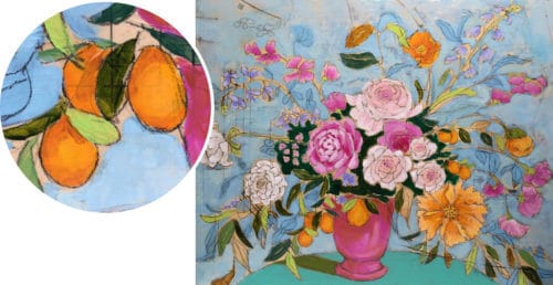 Design & Creation (and detail), acrylics, paper, graphite & wax crayon on wood, by Jennifer Allevato