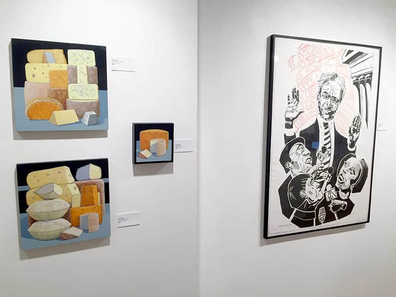 Still life paintings by Gale Wallar, left, and a linocut by John Gosling.