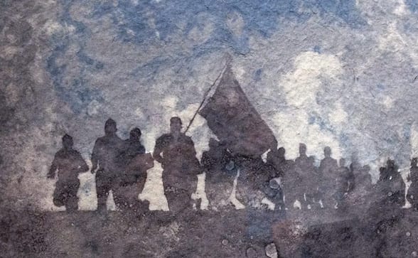 Reveille by Patrick Sargent (pulp painting with paper from elementary school blue jeans and military uniforms)