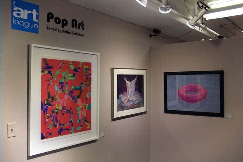 The award winners for "Pop Art," left to right: Klafangled #4 by Arlie Hammons, winner of the Marshall Award; Lifesaver by Claire Carroll, winner of the Juror's Choice Award; and Presence by Nancy Fortwengler, winner of the Carol Bruce Pastel Award.