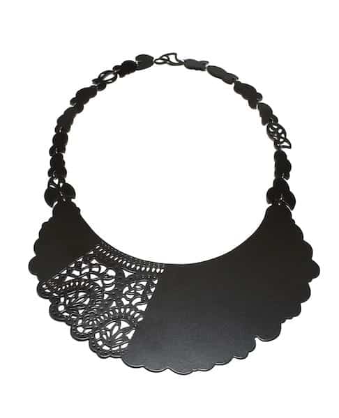 Selective Piercing Neckpiece; hand-cut brass, powder coat, and sterling silver; by Ashley Buchanan.