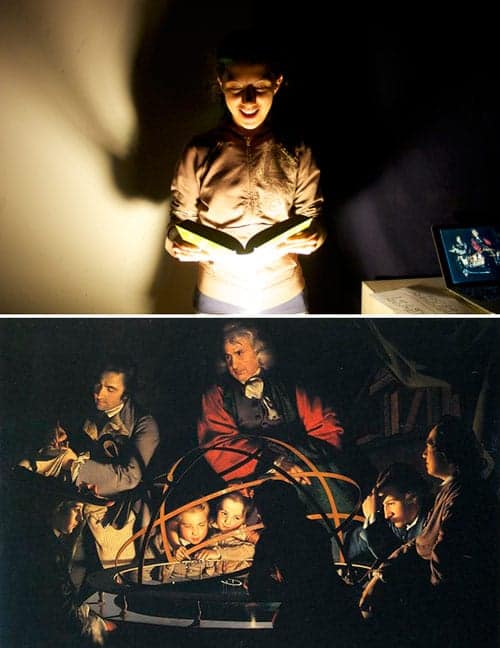 Zoraya demonstrates dramatic lighting; bottom, the Wright of Derby painting used for the lesson.