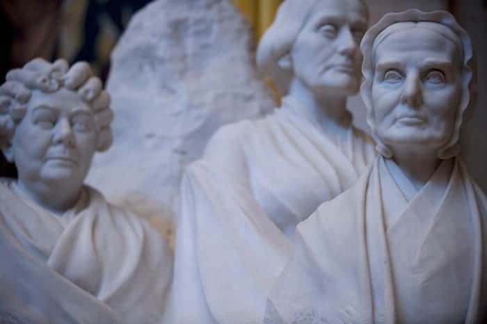 Close-up of the Portrait Monument to Lucretia Mott, Elizabeth Cady Stanton, and Susan B. Anthony, by Adelaide Johnson (1920) (Courtesy Architect of the Capitol)
