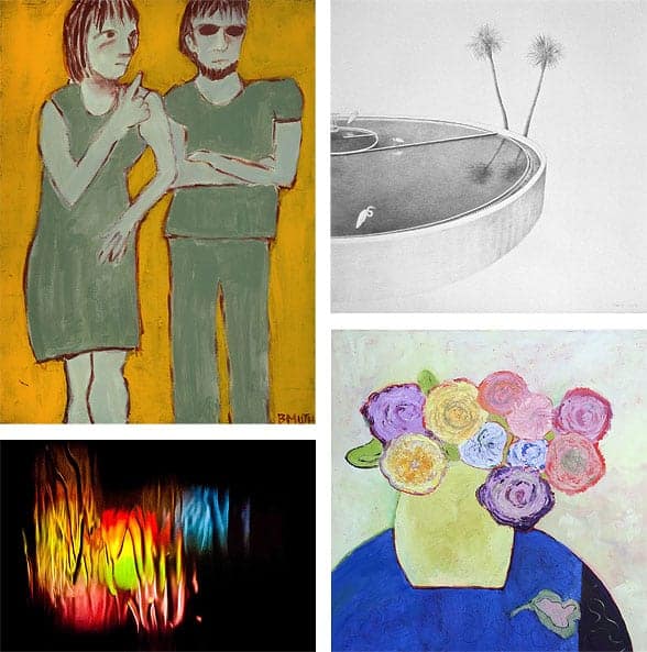 Clockwise from bottom left: Hurricane Neon by Julie Patrick, And Another Thing by Barbara Muth, Oasis by Kara Hammond, and Roundabouts by Jill Finsen.