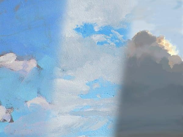 Three skies, painted by (left to right) Mike Francis, oil; Fred Markham, oil; and Bobbi Pratte, iPad.